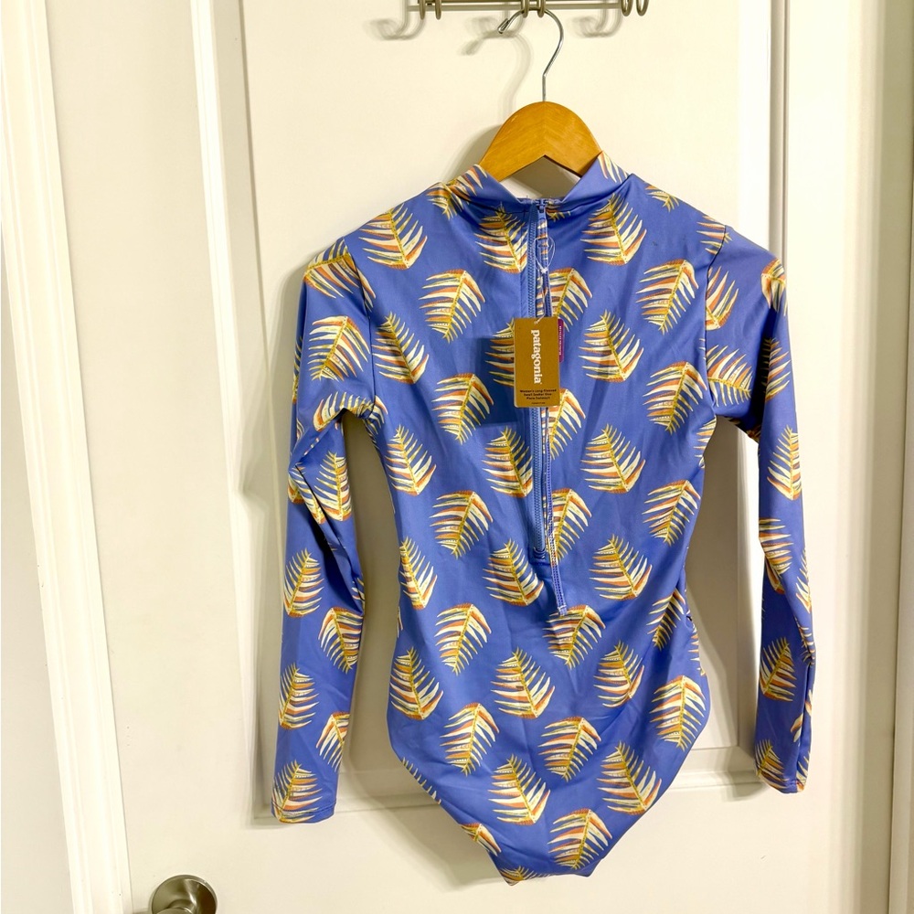 Patagonia 🩵Great Ocean Day 🩵Blue Long-Sleeve One-Piece Swimsuit with Yellow Leaf - Picture 4 of 5